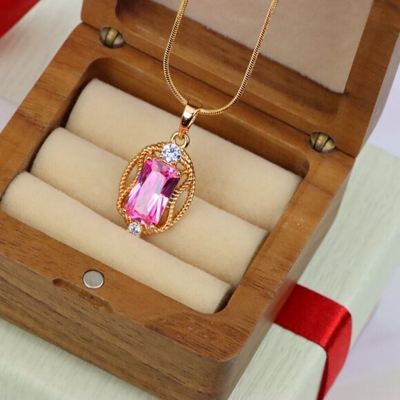 "Pink Rectangle Pendant with Gold Plated Brass and Crystal Accents, XPPT1681 - Picture 7 of 13